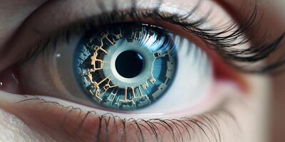 ai généré intelligent contact lentille avec biométrique rétine les implants. le concept de le Nouveau La technologie est iris reconnaissance. photo