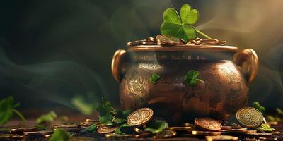 ai généré pot avec or pièces de monnaie et trèfle. st. patrick's journée Contexte. photo