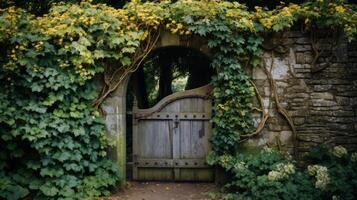 ai généré une charmant jardin porte couvert dans escalade vignes photo