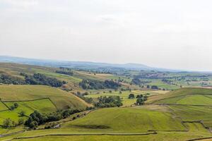 serein roulant collines avec luxuriant vert des champs en dessous de une clair ciel, représentant tranquille rural paysage. photo