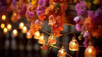 ai généré diwali décorations avec floral guirlandes photo
