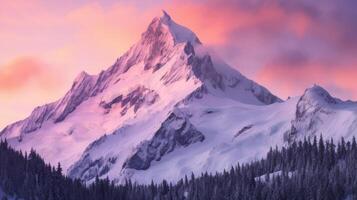 ai généré une neigeux Montagne de pointe avec une rose le coucher du soleil lueur photo