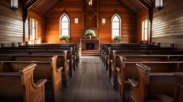 ai généré chapelle mariage avec ancien en bois bancs photo