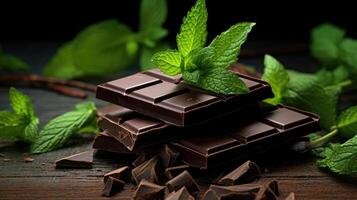 ai généré se livrer dans riches foncé Chocolat avec Frais menthe, niché sur Chocolat copeaux. ai généré photo