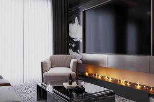 une moderne vivant pièce avec plat écran télévision et moderne meubles photo