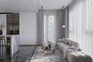 moderne vivant pièce avec blanc meubles, nettoyer minimaliste intérieur. super photo réaliste chambre.