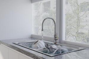 robinet cascades dans le moderne cuisine. photo