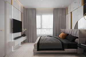 créer une contemporain et élégant chambre avec une grande taille gris lit et une la télé mur avec une télévision. photo