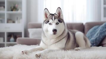 ai généré mignonne sibérien rauque se prélasser sur une blanc tapis dans le vivant chambre, ai généré. photo