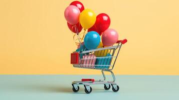 ai généré miniature maison orné avec coloré des ballons repose dans une achats Chariot, évoquant espiègle charme. ai généré. photo