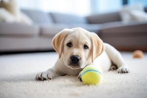 ai généré une mignonne Labrador chiot pièces avec une jouet Balle sur une blanc vivant pièce tapis. ai généré. photo