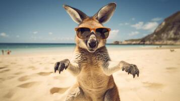 ai généré expérience le intensité de un kangourou saut sur le plage dans une étourdissant fermer photo, ai généré. photo