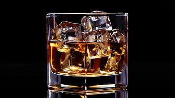 ai généré whisky verre, la glace cubes, lisse noir toile de fond, ai généré. photo