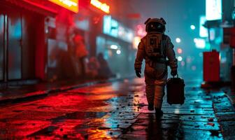 ai généré une homme dans espace costume marche. un astronaute habillé dans une scaphandre des promenades vers le bas une rue pendant une pluie torrentielle. photo