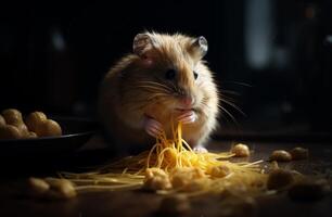 ai généré marrant peu hamster mange spaghetti et des noisettes sur foncé Contexte photo