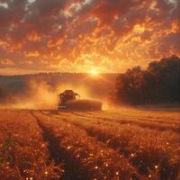ai généré Les agriculteurs récolte blé. une combiner un camion disques par une blé champ à coucher de soleil, récolte le d'or culture. photo