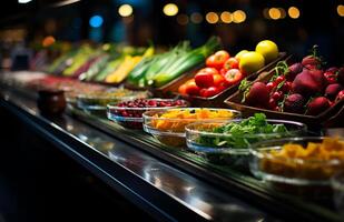 ai généré supermarché avec produire dans devant. Frais des fruits et des légumes dans supermarché photo