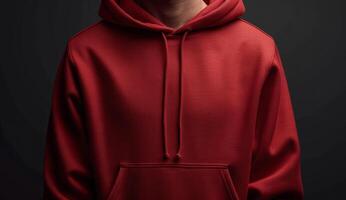 ai généré homme dans rouge sweat à capuche des stands contre foncé Contexte photo