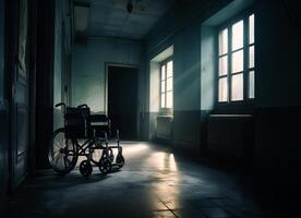 ai généré fauteuil roulant dans le foncé pièce de le hôpital photo