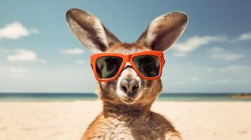 ai généré expérience le intensité de un kangourou saut sur le plage dans une étourdissant fermer photo, ai généré. photo