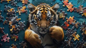 ai généré adorable tigre absorbé dans une délicieux scie sauteuse puzzle, ai généré. photo