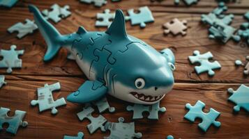 ai généré adorable requin absorbé dans une surprenant scie sauteuse puzzle, ai généré. photo