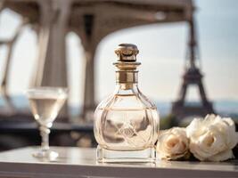 ai généré une verre bouteille de parfum, dans blanc tons, près le Eiffel la tour photo