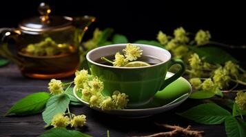 ai généré tasse de à base de plantes thé avec tilleul fleurs sur foncé Contexte photo