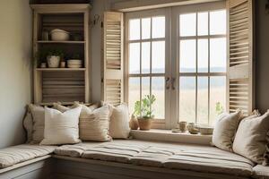 ai généré confortable fenêtre siège avec coussins, ancien volets, rustique Accueil décor. photo