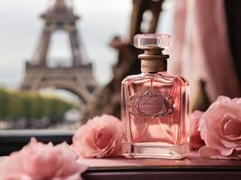 ai généré une verre bouteille de parfum, dans rose tons, près le Eiffel la tour photo