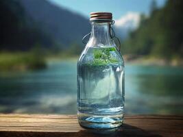 ai généré une verre bouteille avec transparent cristal artésien l'eau photo