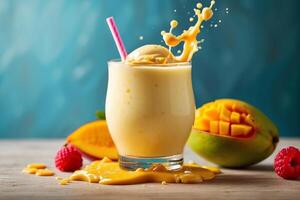 ai généré mangue Milk-shake avec éclaboussure photo