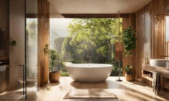 ai généré une confortable, rempli de soleil salle de bains avec moderne agencements, une trempage baignoire, et Naturel décoratif éléments photo
