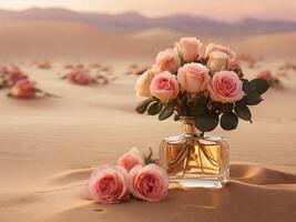 ai généré le chaleur de doux lumière améliore le parfum et des roses, création un intime scène sur une sablonneux désert toile de fond photo