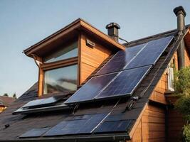 ai généré solaire panneau installée sur le incliné toit de un a faible consommation loger, avec un grenier la fenêtre. photo