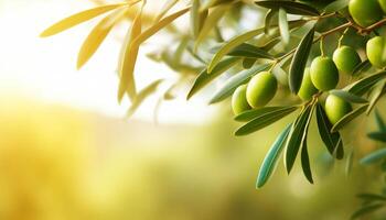 ai généré vert olive branche sur brouiller la nature Contexte avec copie espace photo