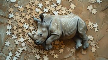 ai généré adorable rhinocéros immergé dans scie sauteuse puzzle amusant, ai généré. photo