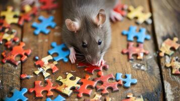ai généré adorable rat résolution puzzle avec enthousiasme, ai généré. photo