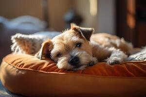 ai généré mignonne petit terrier chien pacifiquement repos sur une animal de compagnie lit à maison, ai généré. photo