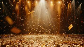 ai généré de fête étape illuminé par une central lumière faisceau, orné avec d'or confettis pluie. ai généré photo