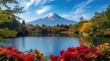 ai généré majestueux monter Fuji surplombe serein Lac dans Stupéfiant scène, ai généré. photo