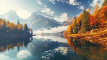 ai généré panoramique vue de le serein Montagne Lac Tahoe, où le Azur des eaux rencontrer le majestueux Montagne gamme, ai généré photo