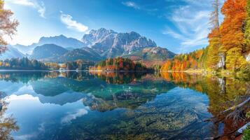 ai généré panoramique vue de le serein Montagne Lac Tahoe, où le Azur des eaux rencontrer le majestueux Montagne gamme, ai généré photo