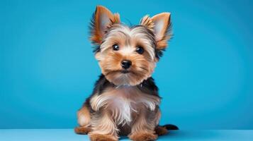 ai généré ute petit chien avec marron patchs séance contre une brillant bleu toile de fond, ai généré. photo