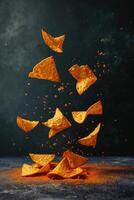 ai généré croquant Frais Doritos monter en flèche par le air contre une foncé toile de fond, de manière séduisante délicieux, ai généré. photo