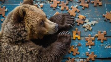 ai généré mignonne ours absorbé dans une scie sauteuse puzzle, ajouter une capricieux touche, ai généré. photo