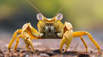 ai généré Crabe sabords à travers le sablonneux plage, coquille luisant en dessous de le soleil, côtier charme, ai généré. photo