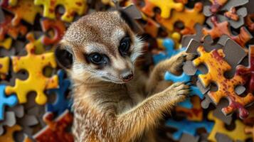 ai généré mignonne suricate absorbé dans une scie sauteuse puzzle, ajouter une capricieux touche, ai généré. photo