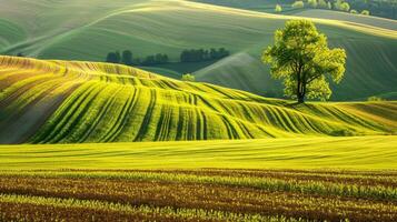 ai généré petit collines orné avec une luxuriant vert herbe champ, la nature Facile beauté, ai généré. photo