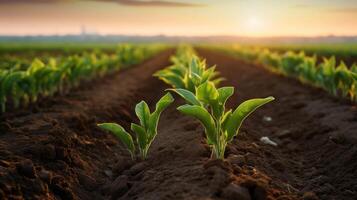 ai généré agricole coup vitrines Lignes de Jeune blé les plantes prospère dans une vaste champ avec fertile sol, ai généré photo